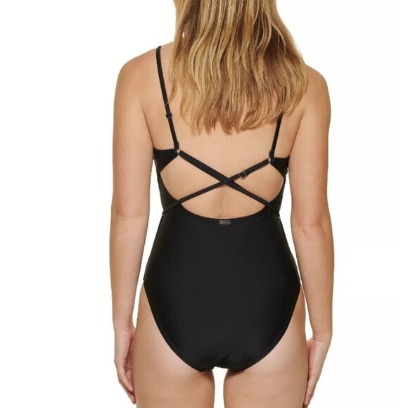 Calvin Klein Black One-Piece Swimsuit Size 10 Minimalist Classic Strappy NWT - Picture 4 of 9